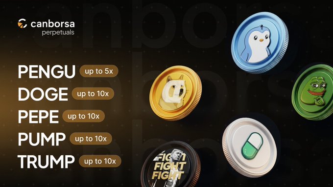 A promotional graphic from Canborsa Perpetuals showcases five newly listed memecoin perpetual contracts with leverage options: $PENGU (up to 5x), $DOGE (up to 10x), $PEPE (up to 10x), $PUMP (up to 10x), and $TRUMP (up to 10x), each accompanied by stylized token illustrations. The playful tagline "FIGHT FIGHT FIGHT" on the Trump coin reinforces the meme-themed marketing tied to the post's humorous "memecoins taking over" narrative.