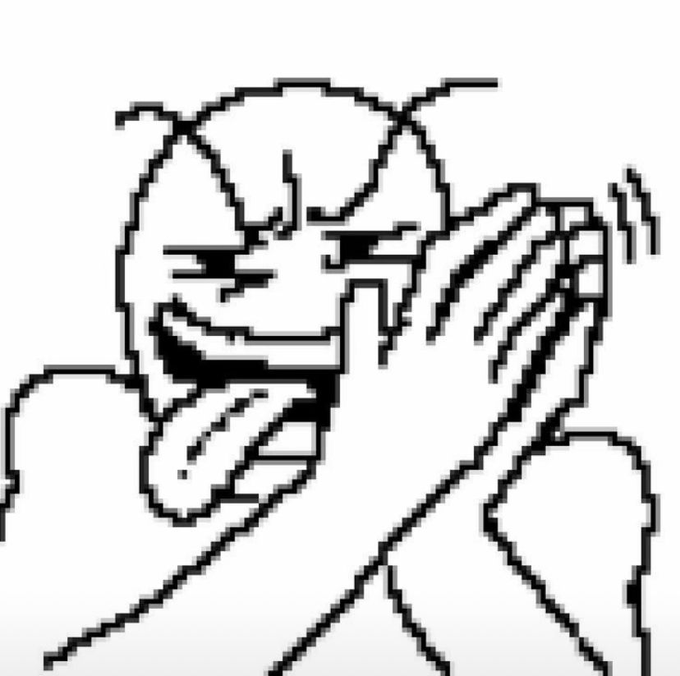 A pixel art meme of the classic 'wojak' character laughing heartily while covering his mouth with his hand.