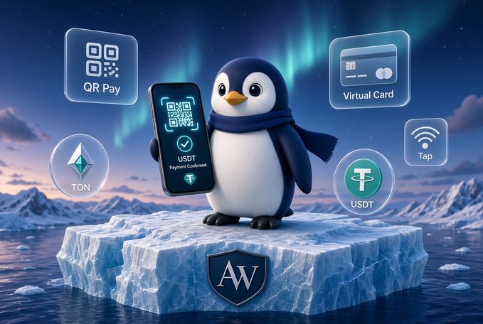 A cartoon penguin on an iceberg holds a smartphone displaying a "USDT Payment Confirmed" QR code, surrounded by icons for "QR Pay," "Virtual Card," "Tap," "TON," and "USDT," with an "AW" shield emblem below—illustrating simple crypto payment options for everyday spending.