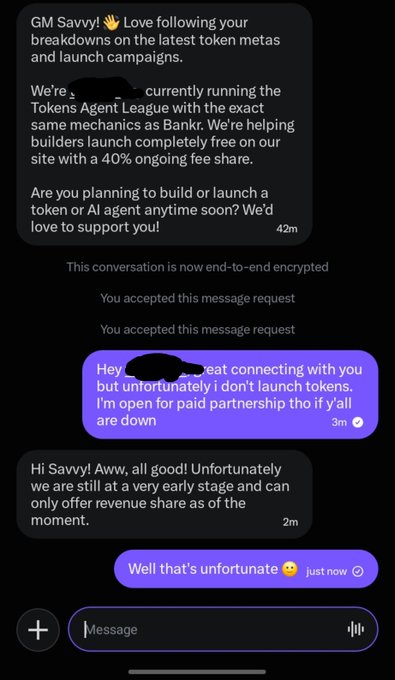 A screenshot of a direct message conversation where someone pitches a "Tokens Agent League" partnership, but is told they only offer revenue share at the moment and they respond "Well that's unfortunate."