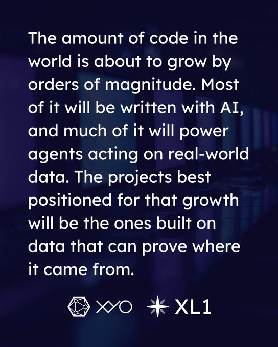 Quote graphic reading 'The amount of code in the world is about to grow by orders of magnitude...' about AI-written code and data provenance, branded with XL1 logo.