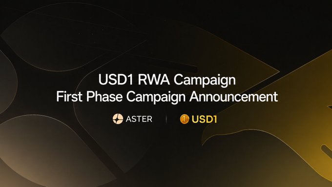 The image is a sleek black and gold announcement banner reading "USD1 RWA Campaign First Phase Campaign Announcement," featuring the ASTER and USD1 logos, which visually introduces the campaign details highlighted in the post—such as the 125M $WLFI for OI, 6.25M $USD1 for volume, and 2X boost with USD1 as collateral on Aster DEX.