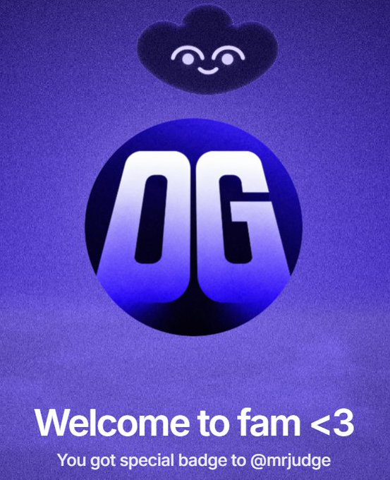 A purple welcome graphic featuring a smiling cloud logo and the letters 'OG' in a circular emblem, with text reading 'Welcome to fam <3' and 'You got special badge to @mrjudge'.