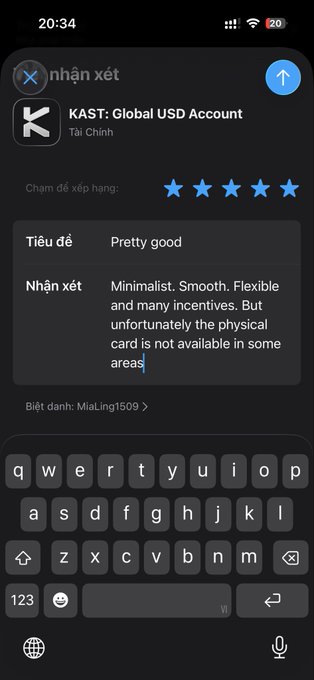 A mobile phone screenshot showing a review screen in Vietnamese ('nhận xét') for the 'KAST: Global USD Account' app with a 5-star rating, titled 'Pretty good' with a review written about the app being minimalist, smooth, and flexible.