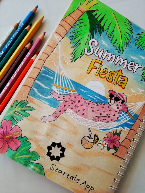 A colored pencil drawing in a notebook titled 'Summer Fiesta' showing a woman in a pink polka-dot swimsuit relaxing in a hammock between palm trees, with 'Startale App' branding at the bottom, alongside colored pencils on the side.
