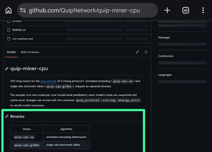 A GitHub repository page for "quip-miner-cpu" with the URL github.com/QuipNetwork/quip-miner-cpu, showing the README and a highlighted "Binaries" section listing "quip-cpu-sa" (simulated annealing) and "quip-cpu-gibbs" (single-site heat-bath Gibbs).