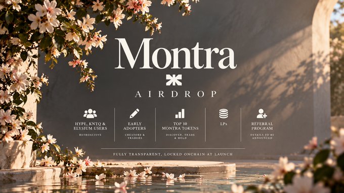 The image is a promotional graphic for the "Montra AIRDROP," featuring the Montra name in elegant white serif typography against a dark, textural background framed by delicate white and pink blossoms. Below the title, icons and labels outline the airdrop's distribution categories—including HYPE, KNTQ & Elysium users (retrospective), early adopters (creators & traders), top 10 Montra tokens (discover, trade & hold), LPs, and referral program—with the tagline "Fully transparent. Locked onchain at launch." This visually reinforces the post's breakdown of the $MONTRA airdrop, which allocates 5% to each of these user groups as part of a 25% total token distribution.
