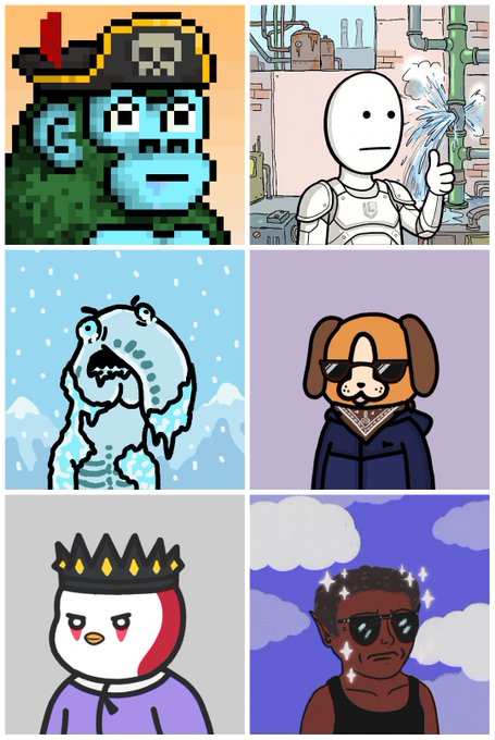 A grid of six cartoon character avatars featuring various NFT project mascots—including a blue skull pirate, a white robot in a factory, an icy yeti, a dog in sunglasses, a crowned penguin, and a sparkling figure—corresponding to the featured NFT projects: CyberKongz, okguynft, MansChads, ThePenimals, P3NGS, and Imcs.