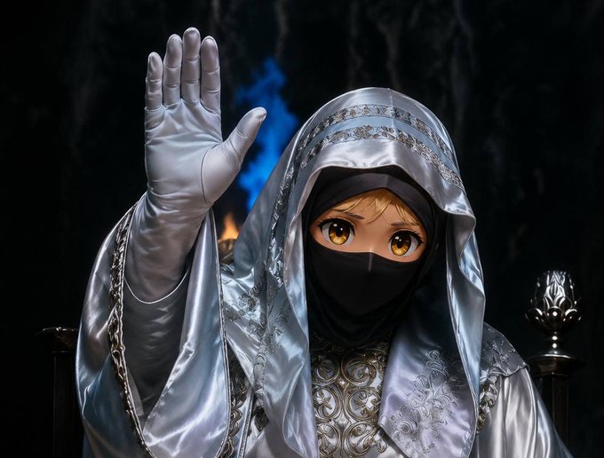An anime-style character with golden eyes, dressed in a silver hooded robe and black face covering, raises one gloved hand against a dark background. The mysterious, regal appearance fits the cryptic, invite-only tone of the giveaway announcement offering Solana prizes.