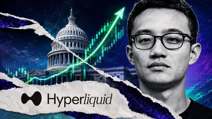 The image features a man in glasses alongside the U.S. Capitol building, a green upward-pointing chart arrow, candlestick price data, and the Hyperliquid logo, visually reinforcing the post's message about $HYPE reclaiming $57 amid bullish catalysts including the SEC's "innovation exemption" for 24/7 tokenized stock trading.