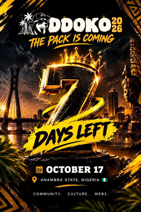 An event poster for 'DDOKO 2026: The Pack is Coming' with '3 Days Left' until the event on October 17 at Anambra State, Nigeria, themed around Community, Culture, and Web3, featuring a crown, city skyline, and landmark imagery in black and gold.