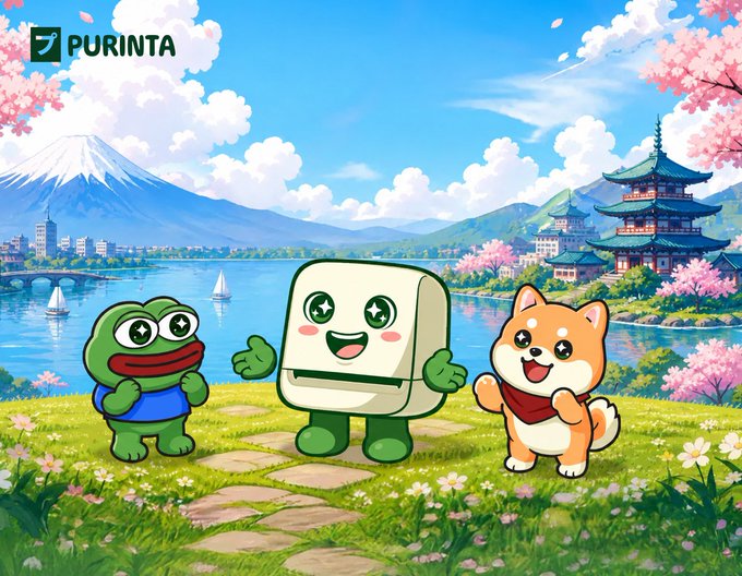 Three cute mascot characters—a frog in a blue shirt, a green wallet-like figure, and a Shiba Inu dog wearing a red bandana—stand together on a grassy path with Mount Fuji, a pagoda, and cherry blossoms in the background, under the "PURINTA" logo, visually echoing the post's welcoming message for memecoin communities to deposit and borrow without selling.