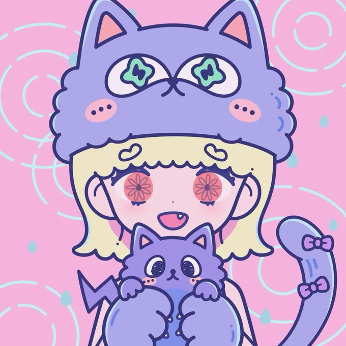 A cute cartoon illustration of a girl with blonde hair wearing a purple cat-eared hat, with flower-shaped pink eyes, holding a small purple cat character against a pink background with swirl patterns.