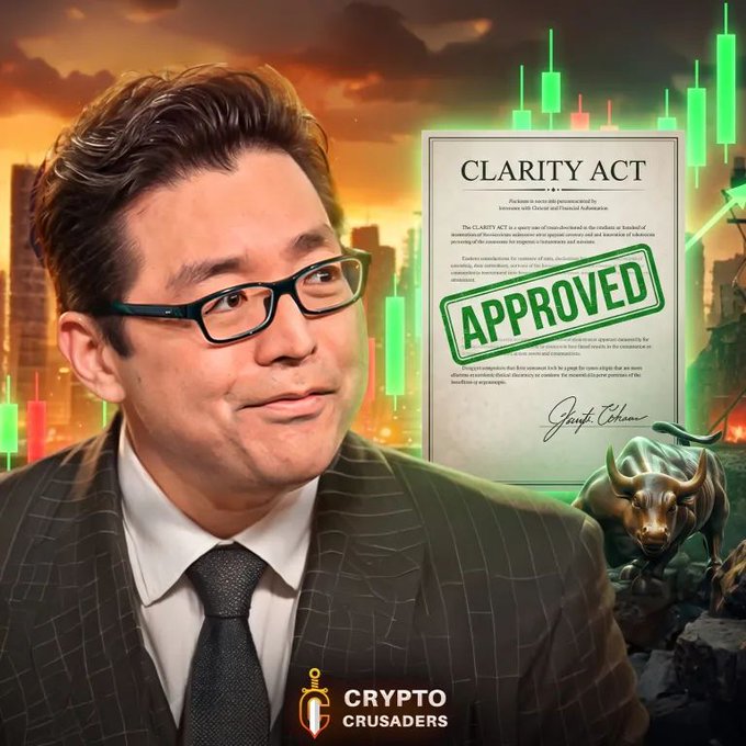 A 'Crypto Crusaders' promotional graphic showing a man in glasses alongside a 'CLARITY ACT' document stamped 'APPROVED,' with a green stock chart and the Wall Street Charging Bull in the background.
