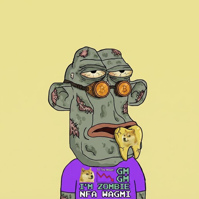 A grotesque cartoon zombie monkey character with Bitcoin coin eyes, a melted doge face on its tongue, wearing a purple 'I'M ZOMBIE NFA WAGMI' shirt with 'GM GM' and 'To The Moon'.