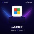 The image displays a stylized Microsoft logo with the ticker "wMSFT" prominently featured below it, indicating a tokenized version of Microsoft stock. Set against a dark background with neon accents, the graphic visually represents the launch of wMSFT on the XRP Ledger, as announced in the accompanying post.