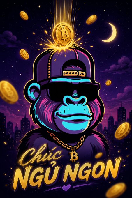 A vibrant illustration of a cool monkey wearing a cap, sunglasses, and a Bitcoin necklace, surrounded by falling gold coins, with Vietnamese text 'Chúc Ngủ Ngon' (Good Night).