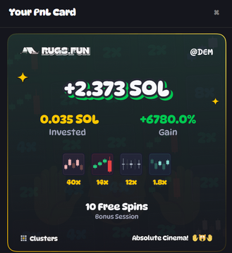 The image displays a "PnL Card" from Rugs.fun showing a gain of +2.373 SOL, representing a +6780% return on a 0.035 SOL investment, along with details of 10 free spins during a "Clusters" bonus session with "Absolute Cinema!" rating. It serves as visual proof of the post's claim about massive profits from gambling on rugs.fun.