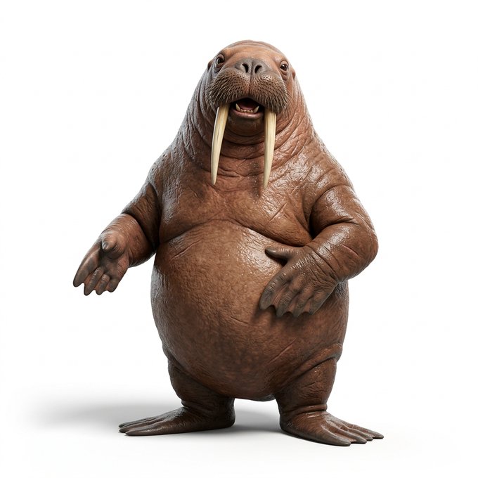 A 3D rendering or figurine of a chubby, smiling walrus with long white tusks standing upright on a white background.