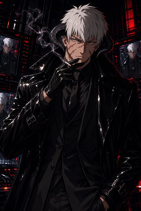 An anime-style illustration of a white-haired man with horn-like protrusions, wearing a black leather coat and gloves, smoking a cigarette in a dark room with red-lit screens.