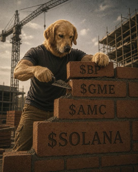 A surreal image of a golden retriever-headed man in a t-shirt laying bricks labeled '$BP', '$GME', '$AMC', and '$SOLANA' at a construction site.