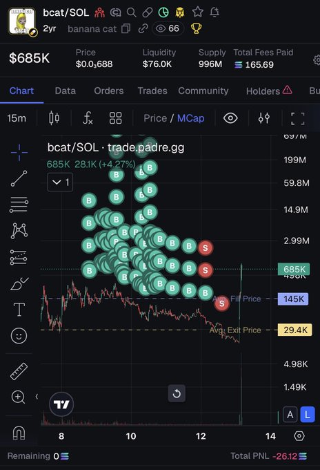 A TradingView chart of the bcat/SOL memecoin shows the price holding at 685K (a 4.27% gain at that moment) while a large cluster of long (B) and short (S) liquidation levels sit heavily above the price near 14.9M–199M, with the trader's total PNL shown as -2612 and an average exit price of 29.4K—visually reflecting the poster's experience of being "bagworked" and forced to sell the position at a steep loss after a week of holding.