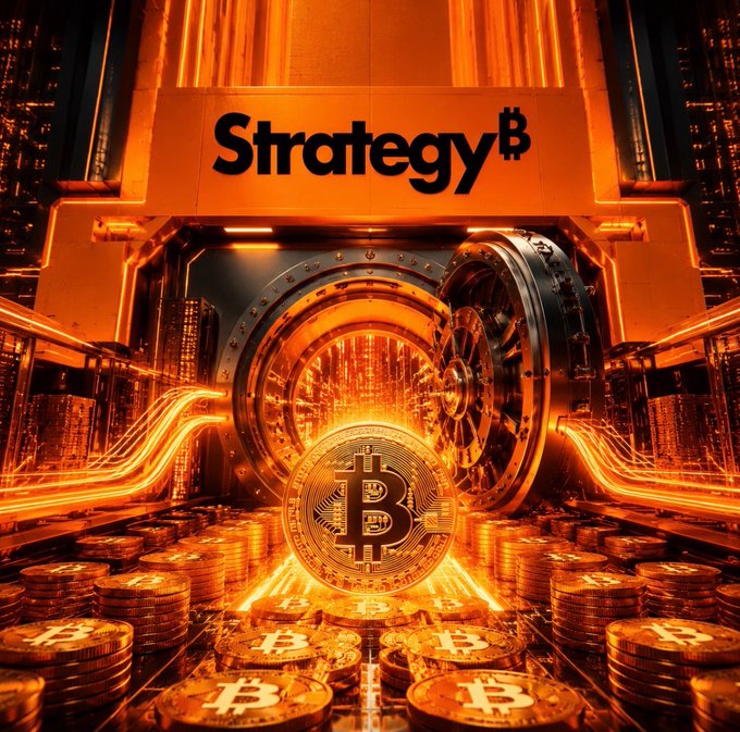A glowing vault door bursts open to reveal stacks of Bitcoin coins and the "Strategy₿" logo, symbolizing the company's massive crypto treasury following its latest $369.7 million purchase of 4,603 BTC, bringing holdings to 845,050 BTC.