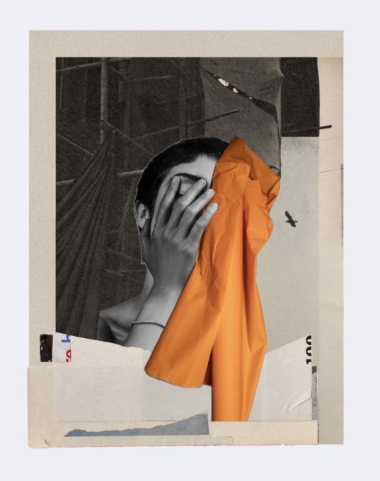 Collage artwork featuring a black-and-white photo of a person covering their face, overlaid with crumpled orange paper.