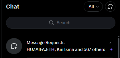 The image shows a "Chat" interface with a "Message Requests" folder displaying unread messages from "HUZAIFA.ETH, Kin Isma and 567 others." It serves as a visual indicator of why the poster (Owen) has been busy—likely overwhelmed by managing a large number of incoming messages on a decentralized social platform.