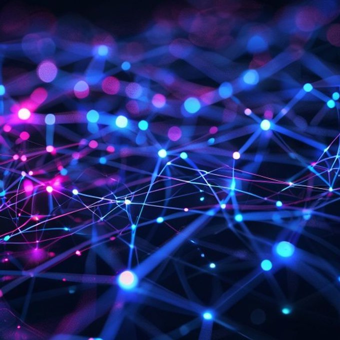 An abstract digital visualization of glowing blue and magenta nodes connected by thin lines, resembling a network or constellation against a dark background.