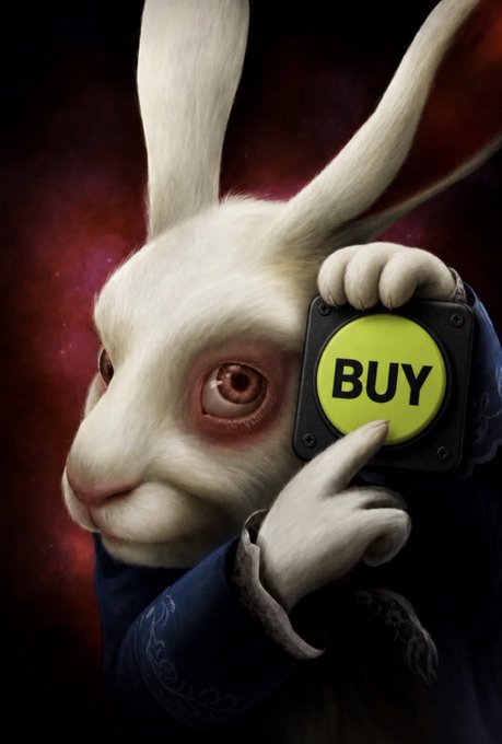 An anthropomorphic white rabbit wearing a blue jacket presses a large yellow 'BUY' button against a dark red cosmic background.