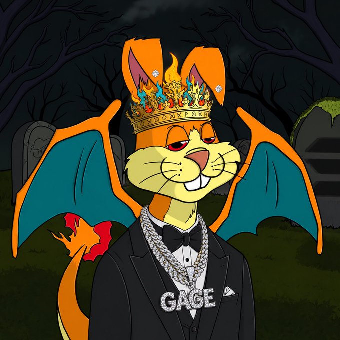 A cartoon orange dragon-like character wears a flaming crown, a black tuxedo with a bow tie, diamond chains spelling 'GAGE', and bat wings, standing in front of a graveyard.