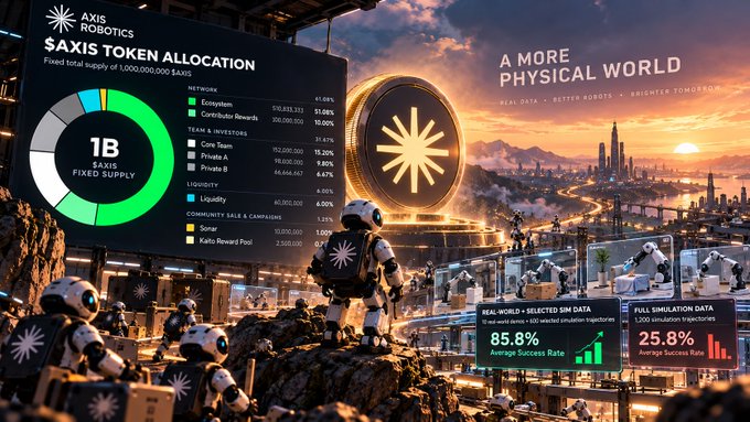 A futuristic promotional graphic for Axis Robotics titled 'A MORE PHYSICAL WORLD' displays a $AXIS token allocation pie chart with a 1B fixed supply, alongside a cityscape filled with robots and statistics like '85.8% AVERAGE SUCCESS RATE'.