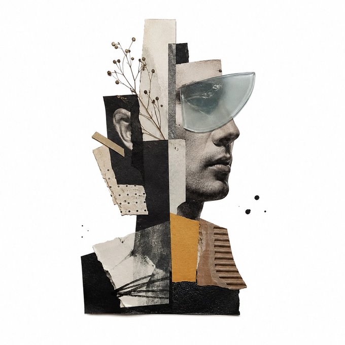 A mixed-media collage artwork featuring a fragmented profile of a man's face wearing futuristic silver visor-like glasses, composed of torn paper pieces, dried flowers, and black and white photographic elements.