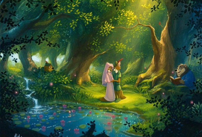 A whimsical forest scene depicts Maid Marian in a white gown and Robin Hood in green standing together by a glowing pond, with an owl peeking from the bushes and a lion-like character reading a book on the right, capturing the classic tale of Robin Hood's wife safeguarding his hidden wealth.