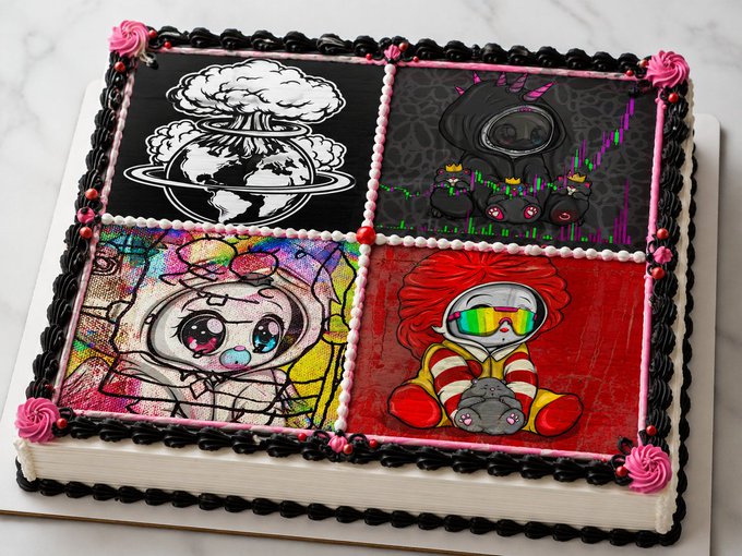 A decorated cake designed to look like a four-panel comic book, featuring artwork including a mushroom cloud over Earth, a hooded figure, and chibi-style characters, bordered with black and pink frosting.