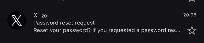 An email from X (formerly Twitter) showing "20" new messages at 20:05, with a password reset request notification. The image humorously illustrates the post about hackers targeting the user's account, as X appears to be alerting them to password reset attempts.