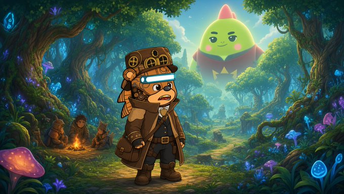 A cartoon scene featuring a bear-like explorer with a helmet and backpack standing in a glowing enchanted forest, with a large friendly green creature floating in the background and other animals gathered by a campfire.