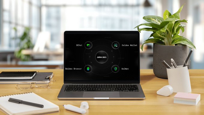 A laptop on a wooden desk displaying a software interface with connected elements labeled 'BitNet', 'Beldex Wallet', 'Beldex Browser', and a central 'John.Doh' node.