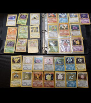 An open Pokémon card binder displays a collection of vintage holographic cards organized in rows, alongside loose cards laid out at the bottom, serving as a nostalgic backdrop to a post asking for advice on getting into Solana-based collectibles and gacha games.