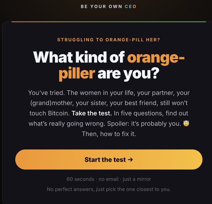 This image is a quiz titled "What kind of orange-piller are you?" from BeYourOwnCEO.ai, designed to help people learn how to better explain Bitcoin adoption to women in their lives. The quiz format directly relates to the post's statement about the challenge of communicating Bitcoin effectively.