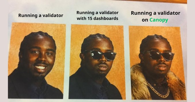 The image shows a three-panel meme featuring a man whose appearance becomes progressively more glamorous—from a smiling portrait, to wearing sunglasses, to wearing sunglasses with a fur coat and gold chain—paired with captions reading "Running a validator," "Running a validator with 15 dashboards," and "Running a validator on Canopy." The meme humorously illustrates the post's point about how managing validator infrastructure and monitoring dashboards is overwhelming, but Canopy (CNPY Network) simplifies the process, making the experience feel luxurious and easy.