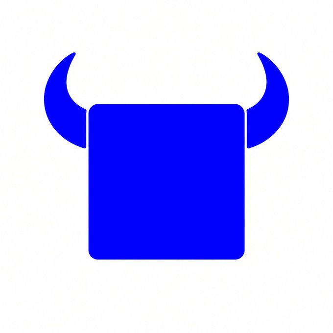 A simple blue graphic icon depicting a square head with two curved horns, resembling a minimalist devil or Viking emblem on a white background.