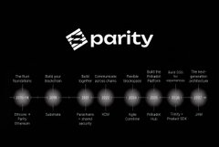 A website header screenshot showing the 'parity' logo with navigation links including 'The Best Blockchain', 'Built your dapp and ui', 'Tools', 'Communities', 'People', 'Build for Polkadot', 'Earn Dot', 'The Most complete Ecosystem', 'Clients & Integrations', 'Solutions', 'Parachains (incl. Lastic & POS) and DBX', 'DOTs', 'Polkadot Hub', 'Logos', 'Utility Token PLT', and 'Wiki'.