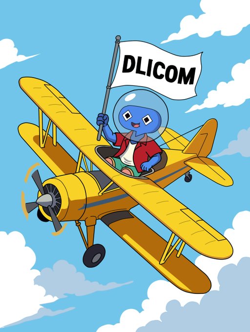A cartoon illustration of a blue character in a red jacket flying a yellow biplane through clouds, holding a flag that reads 'DLICOM'.