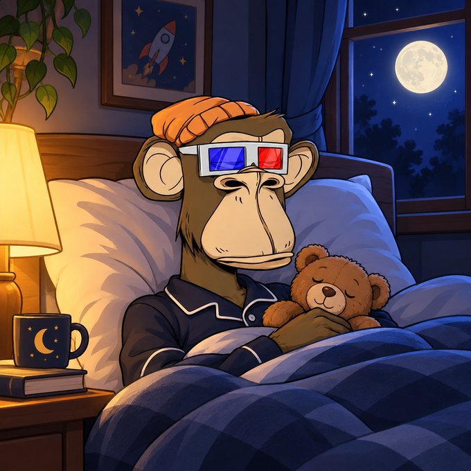 An illustrated cartoon of a monkey wearing 3D glasses and pajamas, sleeping in bed at night while hugging a teddy bear, with a moonlit sky visible through the window.