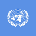 The image features a blue flag with white text that reads "UNITED NATIONS". The UN logo is also present within this design. The background of the image is a solid blue color, which contrasts nicely with the white elements of the flag and logo.