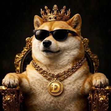 A digitally rendered Shiba Inu dog wearing sunglasses, a gold crown, and a Dogecoin-emblazoned gold chain, sitting on an ornate throne.