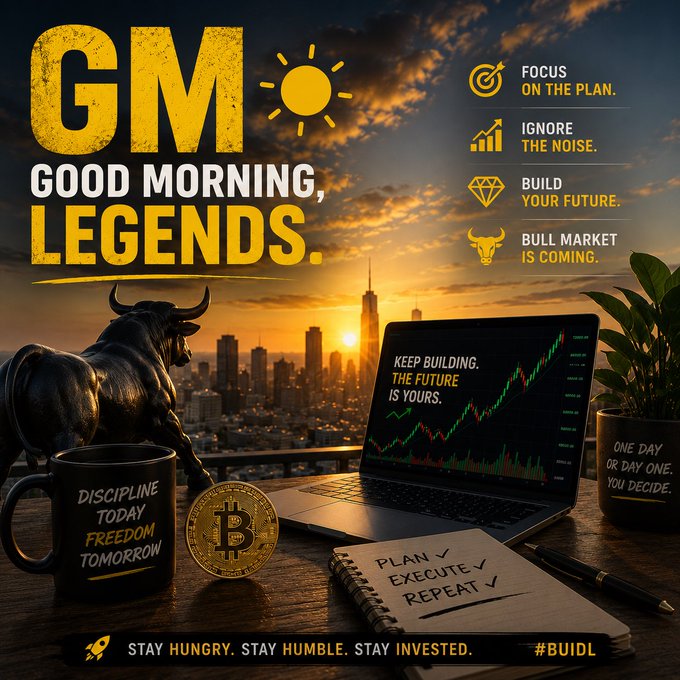 A motivational graphic reading 'GOOD MORNING, LEGENDS.' featuring a city skyline, bull statue, Bitcoin, a laptop with a rising chart, and text like 'FOCUS ON THE PLAN' and '#BUIDL'.