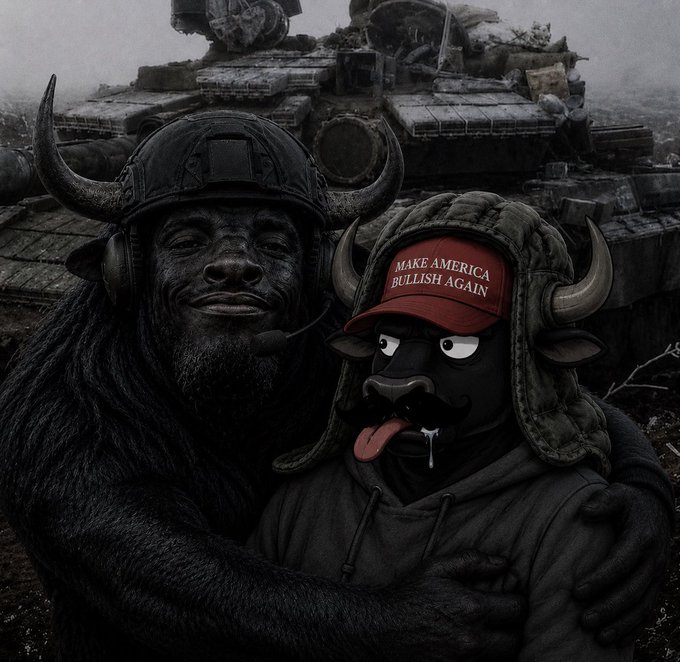 A person in a gorilla mask wearing a horned Viking helmet and headset stands arm-in-arm with a cartoonish black bull wearing a red "MAKE AMERICA BULLISH AGAIN" cap, set against a backdrop of military tanks. The image visually represents the bold, bullish market sentiment referenced by the ticker $ANSEM.